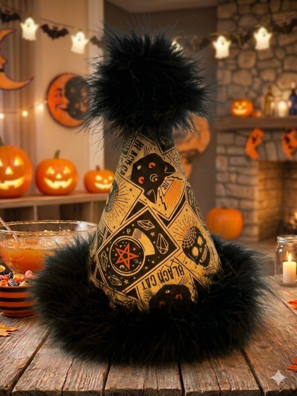 Handmade Gothic Halloween Party Hat • Vintage Tarot Card & Black Cat Cotton NEW